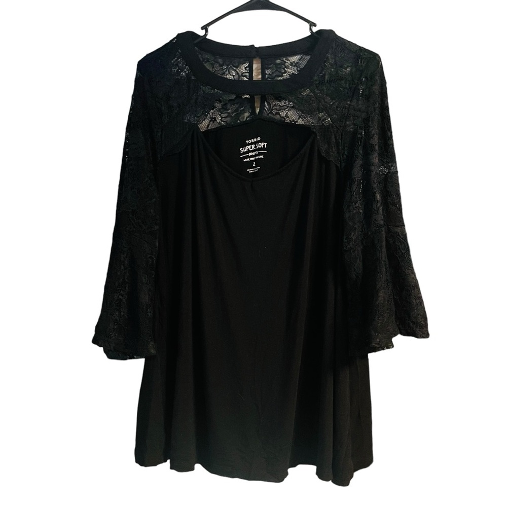 Torrid plus size Super Soft Choker Neck Lace Sleeve Blouse Black casual 2XL